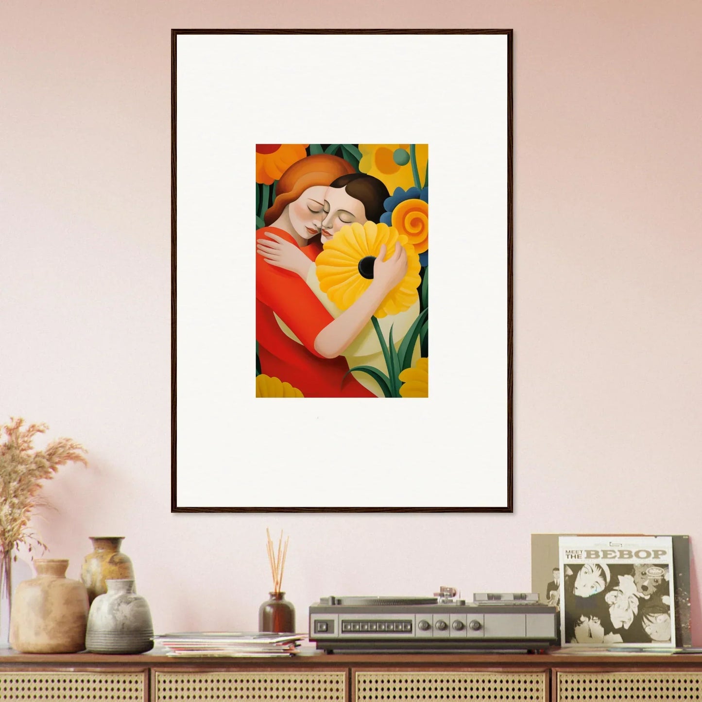 Framed wall art of whispering souls embracing among vibrant flowers for room decor