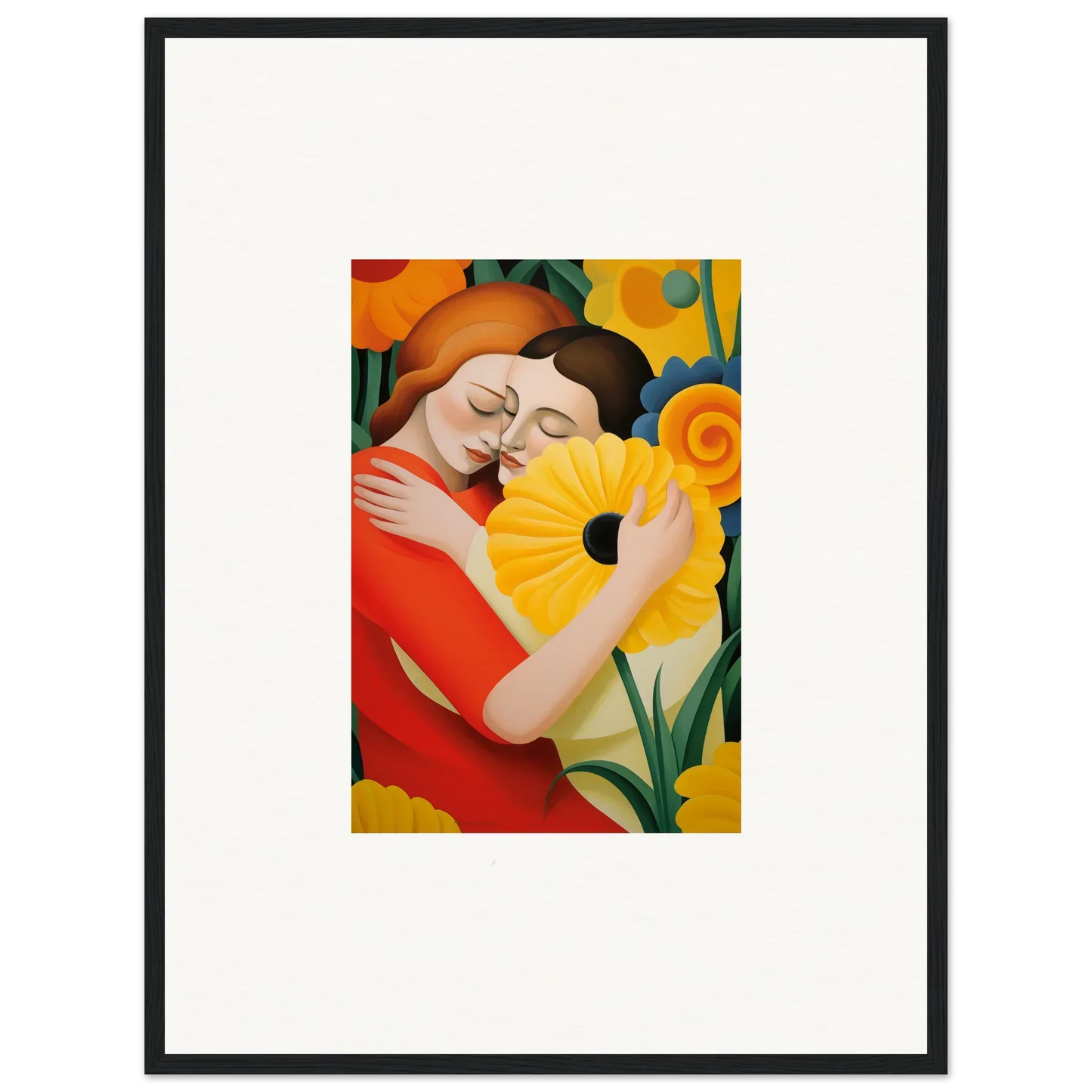 Colorful painting of two whispering souls embracing beside a sunflower for room decor