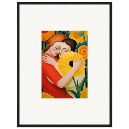 Colorful painting of two whispering souls embracing beside a sunflower for room decor