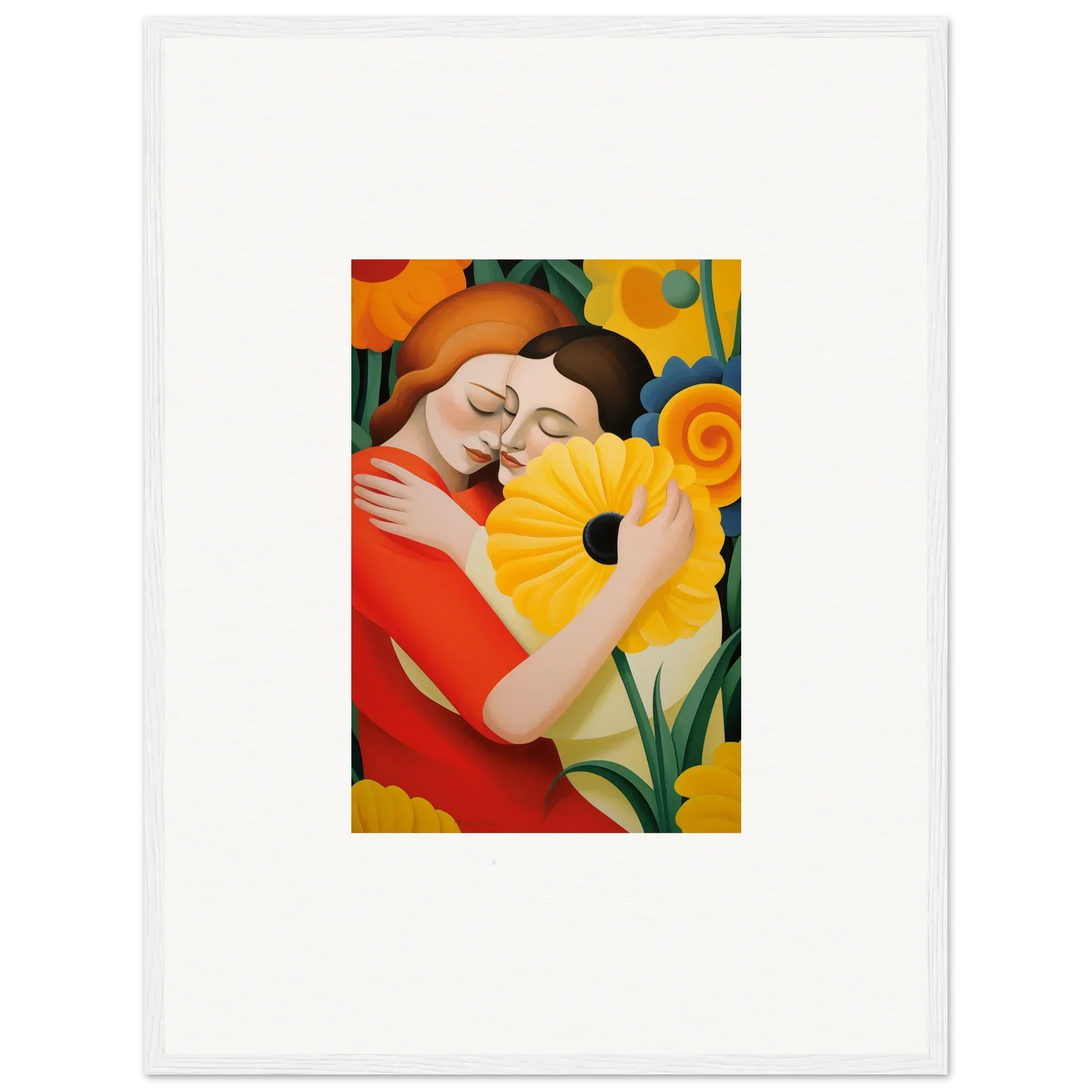 Painting of two whispering souls embracing with a sunflower, ideal for room decor