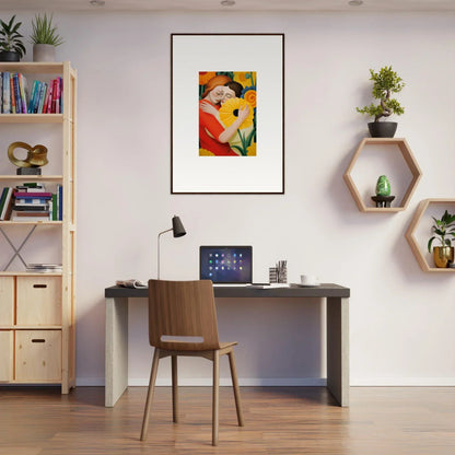 Modern home office with desk, chair, and framed wall art for tranquil room decor