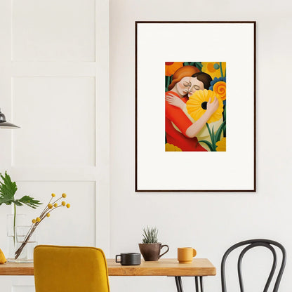 Framed wall art of whispering souls embracing in vibrant yellow flowers for room decor