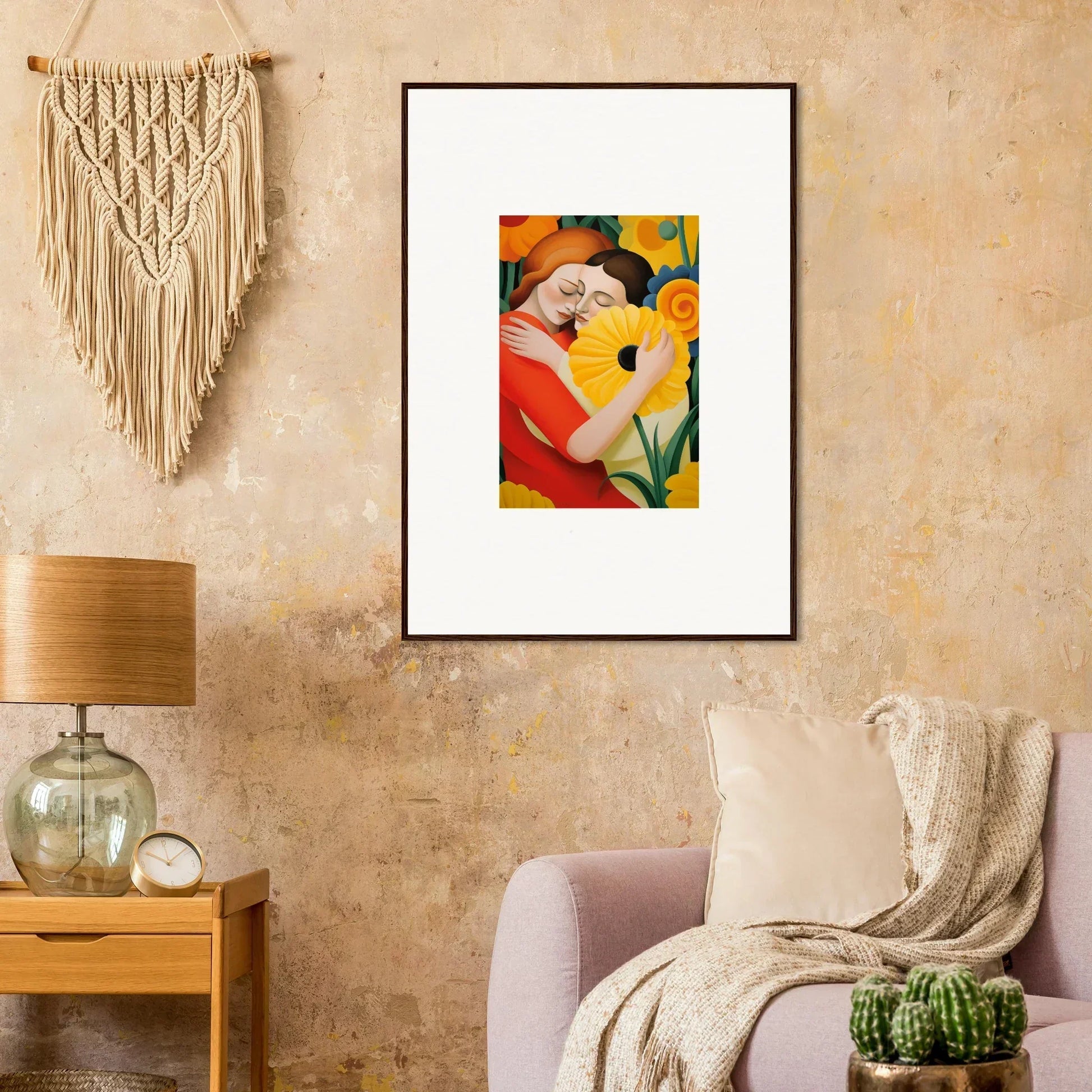 Framed wall art of a person with a yellow flower for serene room decor, Whispering Souls