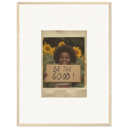 Framed vintage Polaroid of sunflowers and Be the Good sign for Sunflower Utopia Surge