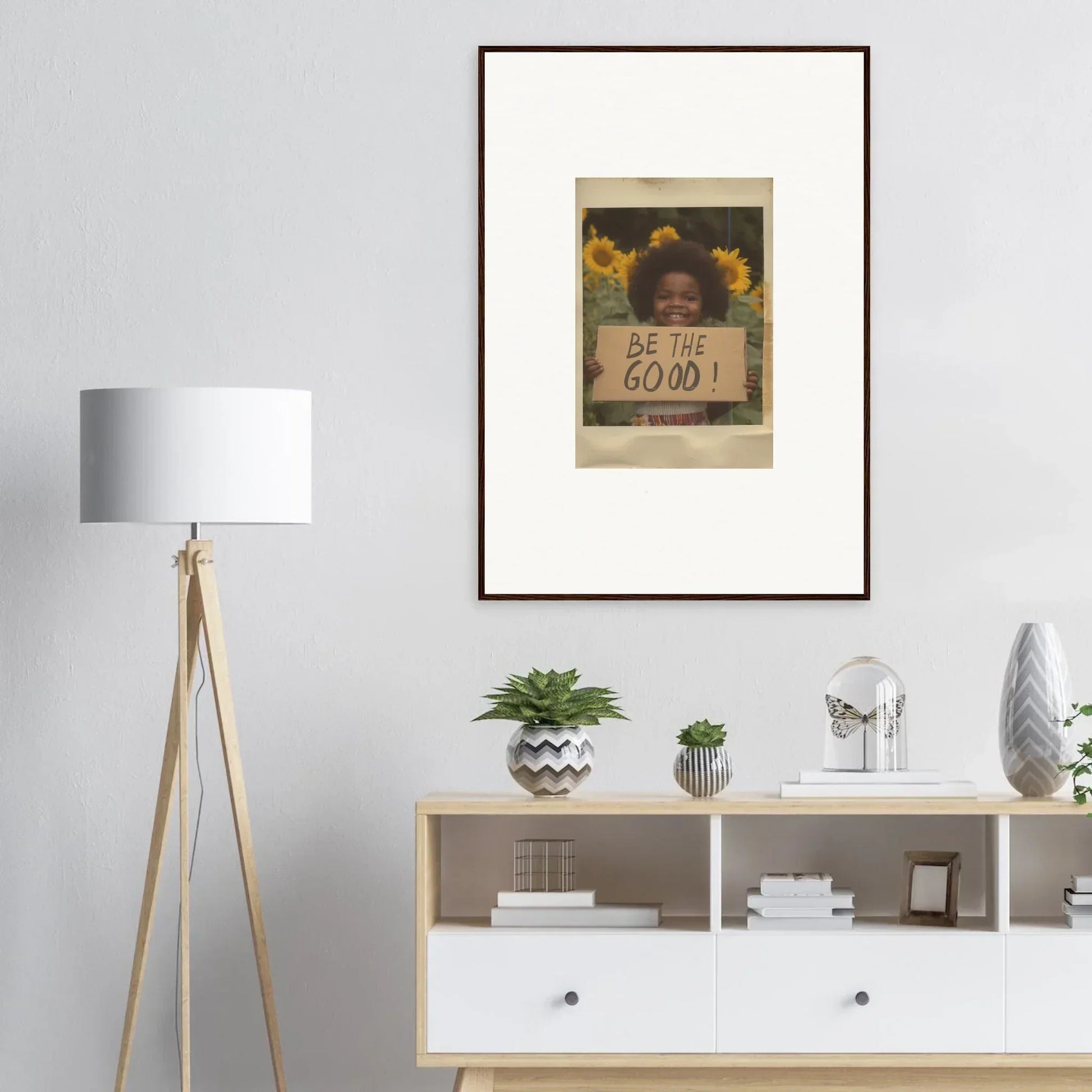 Framed wall art of sunflowers with Be The Good text from Sunflower Utopia Surge