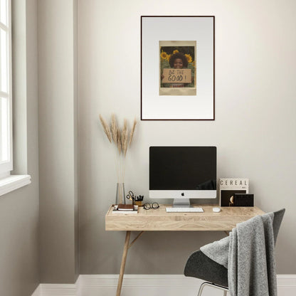 Minimalist wooden desk with iMac, accessories, and Sunflower Utopia Surge art