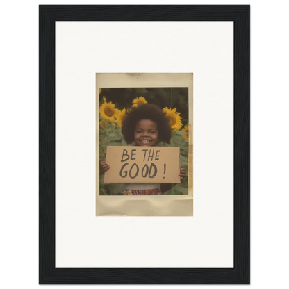 Framed wall art of a handwritten Be the Good sign with sunflowers in Sunflower Utopia Surge