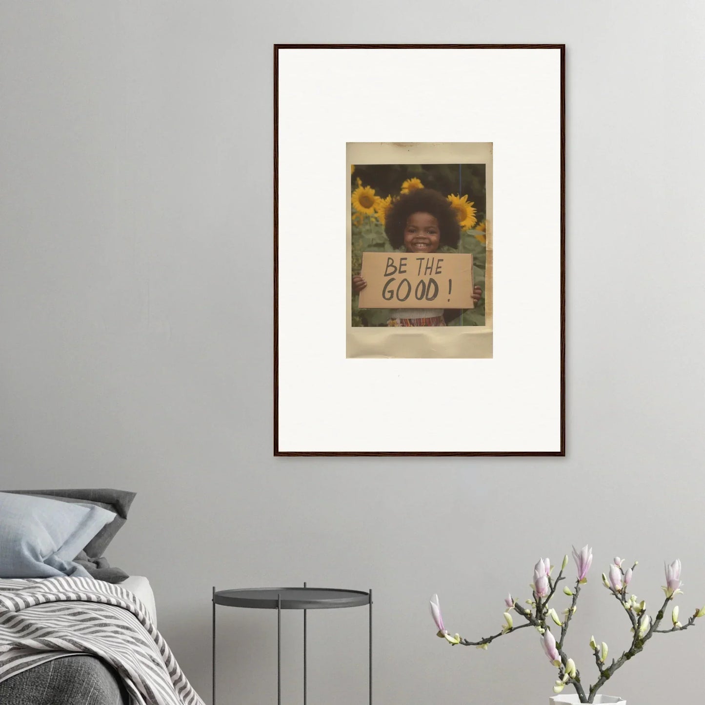 Framed wall art of sunflowers with BE THE GOOD message in Sunflower Utopia Surge