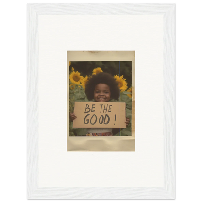 Vintage Polaroid of sunflowers with BE THE GOOD sign in Sunflower Utopia Surge art