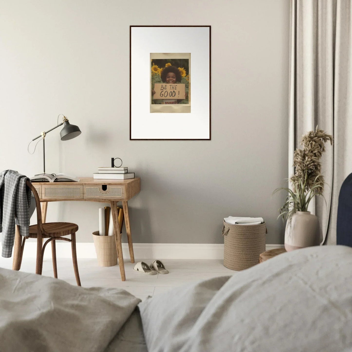 Wooden desk with a lamp and Sunflower Utopia Surge framed wall art above it