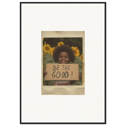 Framed wall art of a vintage photo with a BE THE GOOD sign in Sunflower Utopia Surge