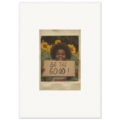 A vintage Polaroid of someone with a BE THE GOOD! sign in sunflowers, perfect for Sunflower Utopia Surge framed wall art