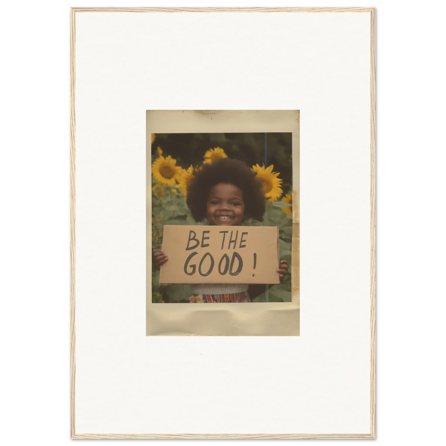 Framed vintage photo of a person with a BE THE GOOD sign in Sunflower Utopia Surge