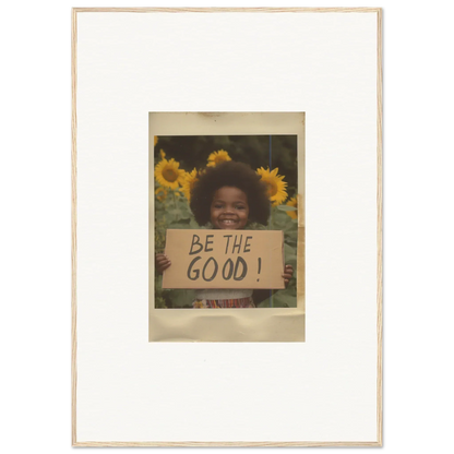 Framed vintage photo of a person with a BE THE GOOD sign in Sunflower Utopia Surge