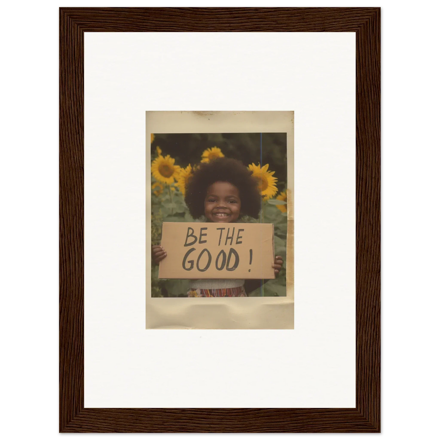 Framed wall art of sunflowers and a sign saying BE THE GOOD from Sunflower Utopia Surge