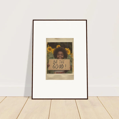 Framed wall art of a handwritten BE THE GOOD message with sunflowers for Sunflower Utopia Surge