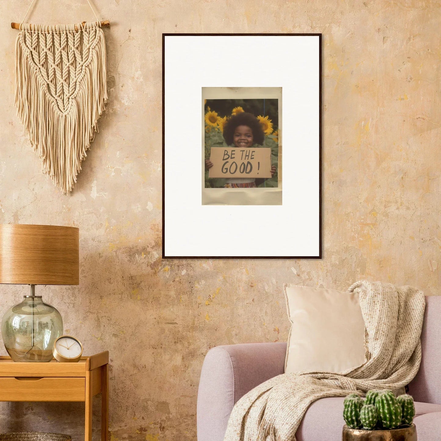 Framed wall art of Sunflower Utopia Surge with a handwritten sign and vibrant sunflowers