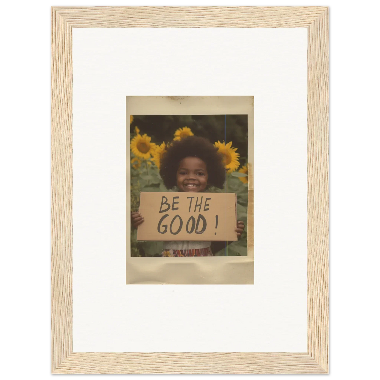 Framed wall art of sunflowers and BE THE GOOD sign from Sunflower Utopia Surge