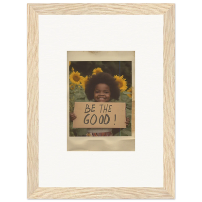 Framed wall art of sunflowers and BE THE GOOD sign from Sunflower Utopia Surge