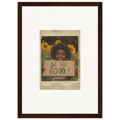 Framed wall art of Be the Good sign amid sunflowers in Sunflower Utopia Surge