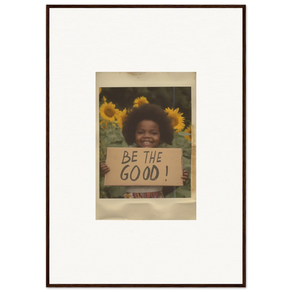 Framed wall art of sunflowers and a BE THE GOOD sign from Sunflower Utopia Surge