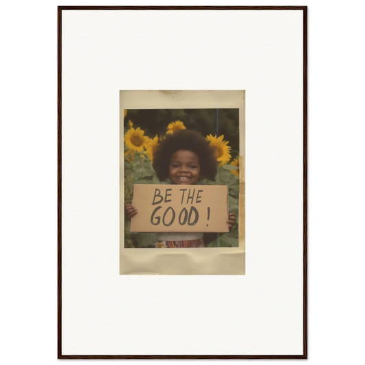 Framed wall art of sunflowers and a BE THE GOOD sign from Sunflower Utopia Surge