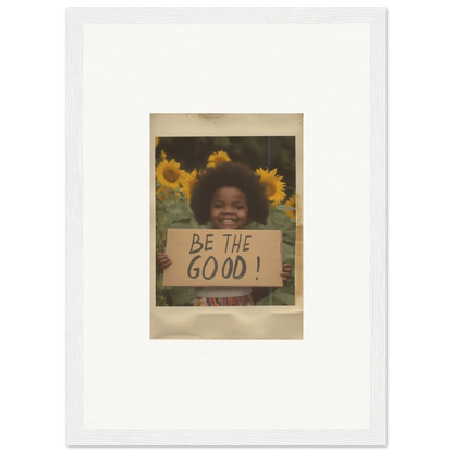 Vintage-style photograph of BE THE GOOD sign and sunflowers, perfect for Sunflower Utopia Surge