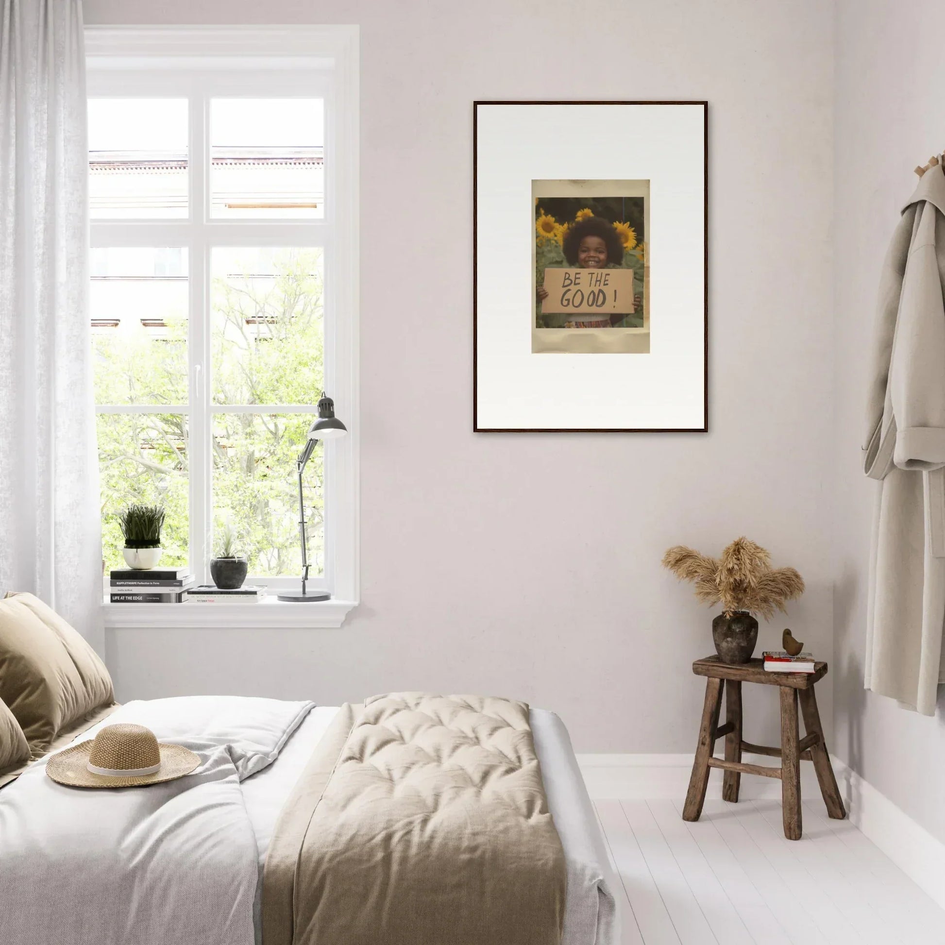 Minimalist bedroom in beige and white showcasing Sunflower Utopia Surge framed wall art