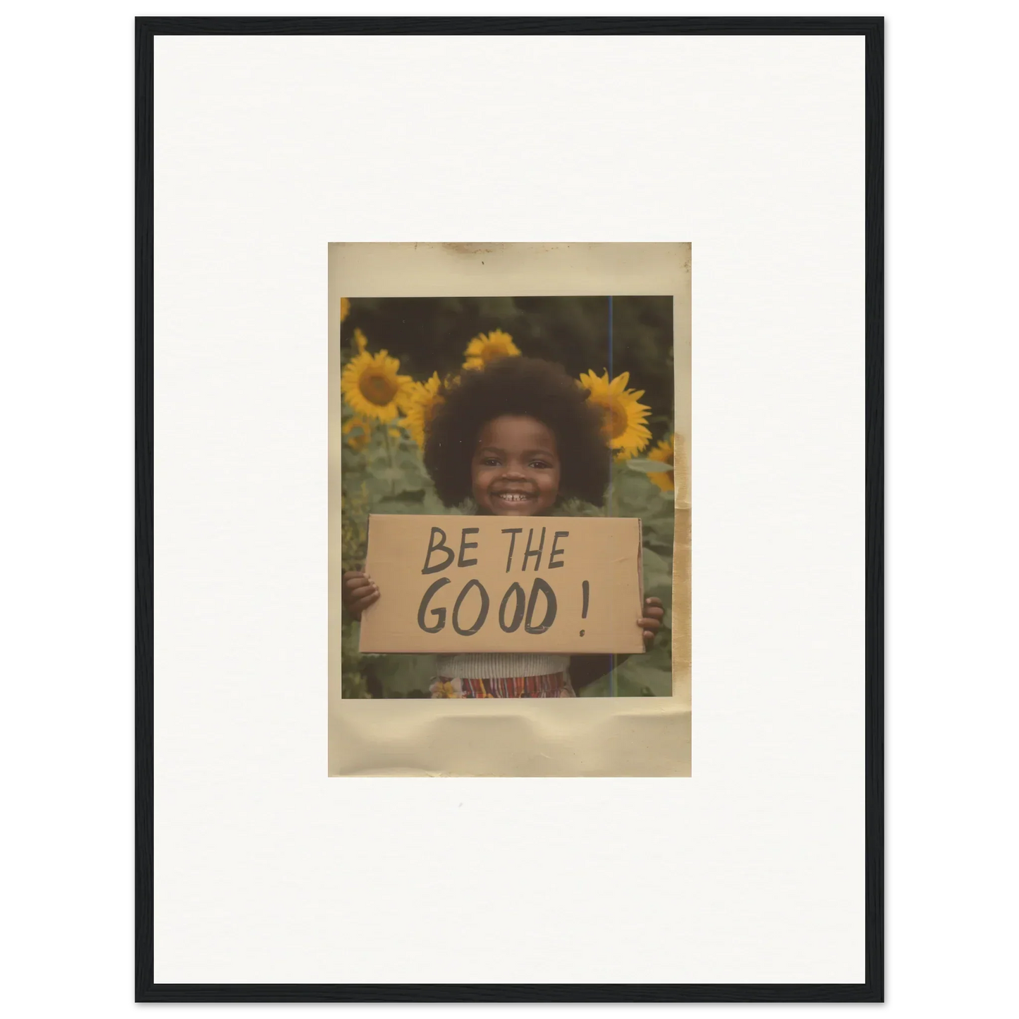 Framed wall art featuring a handwritten BE THE GOOD sign with sunflowers in Sunflower Utopia Surge