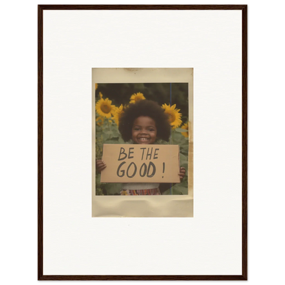 Framed wall art of sunflowers and a BE THE GOOD sign in Sunflower Utopia Surge