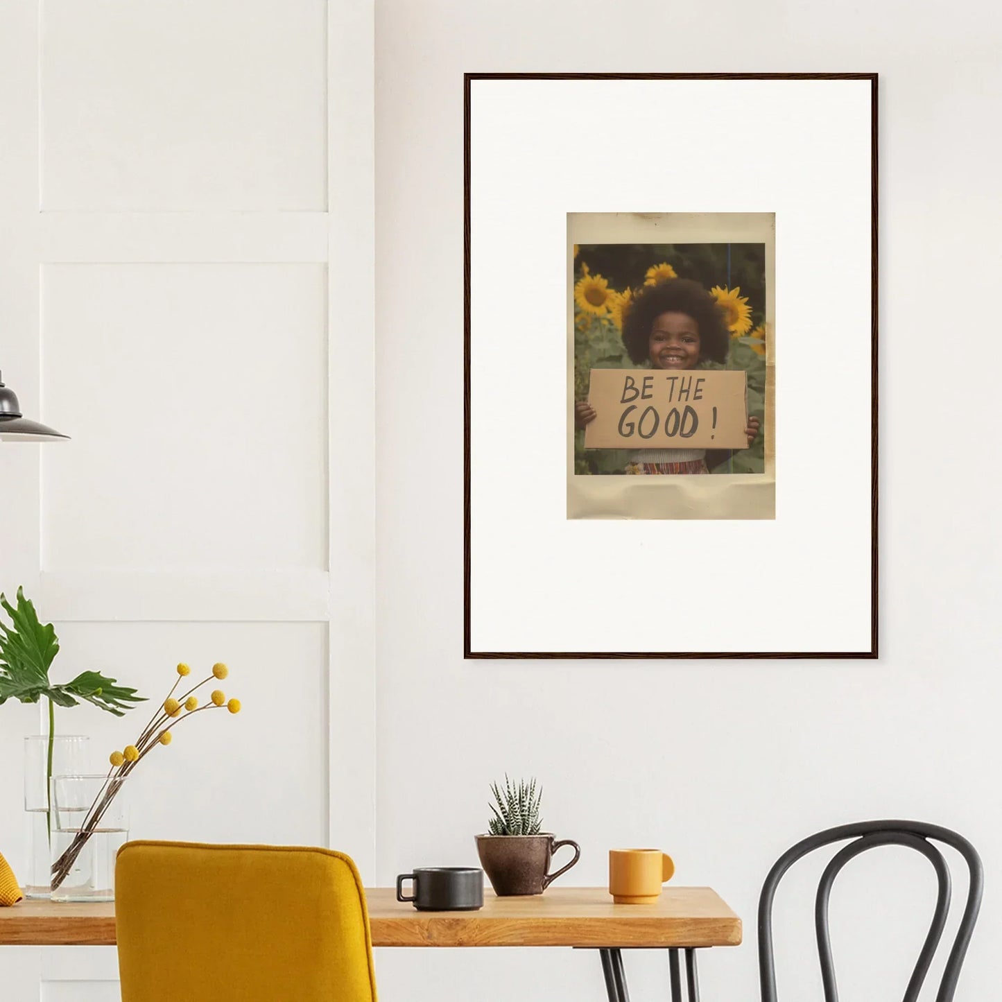 Framed wall art featuring sunflowers and Be The Good in Sunflower Utopia Surge design