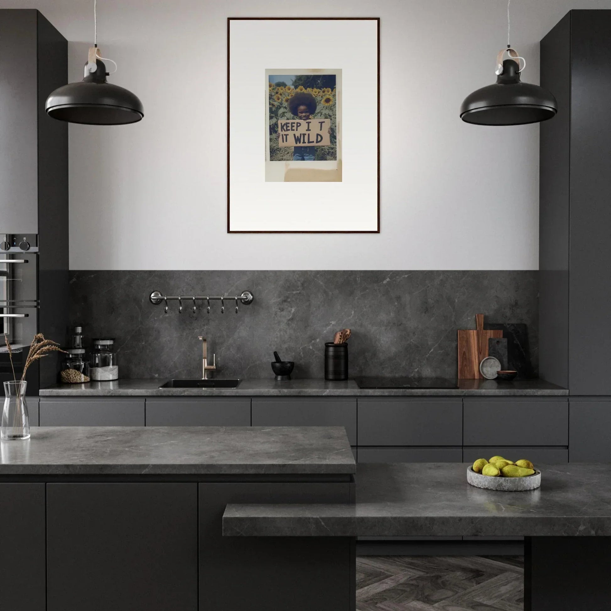 Modern kitchen with dark gray cabinetry, pendant lights, and Sunflower Wilderness Whispers art