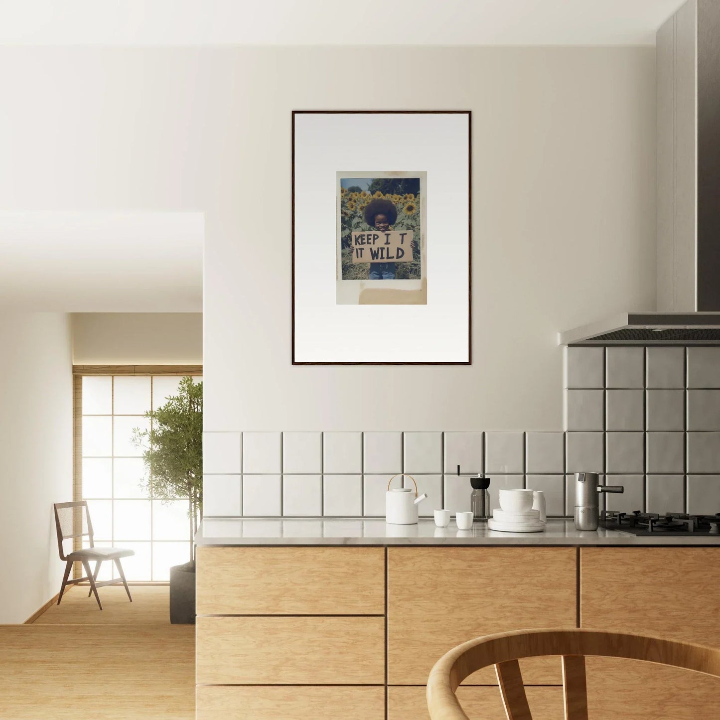 Modern kitchen with wooden cabinets and sunflower wilderness whispers artwork on wall