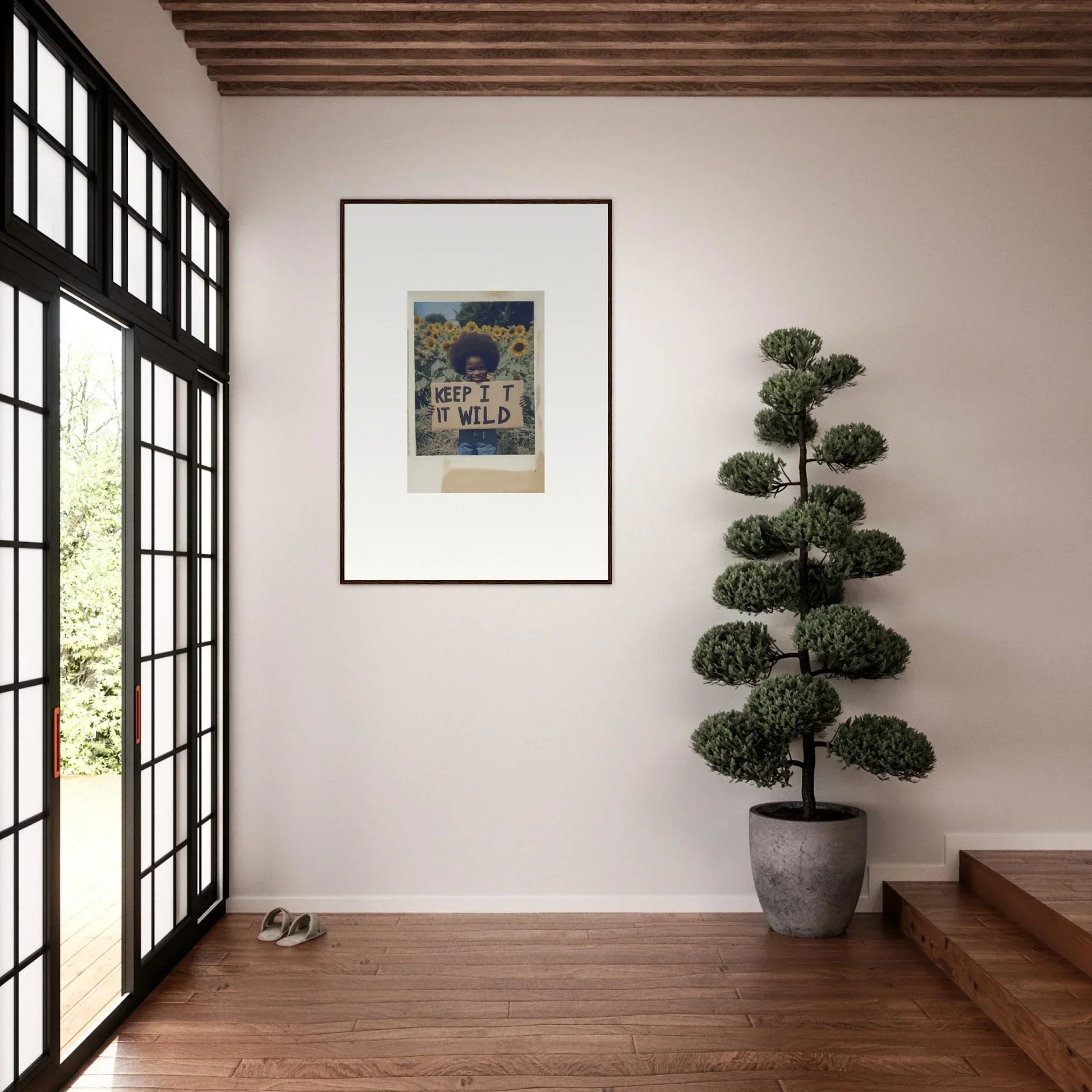 Framed abstract Sunflower Wilderness Whispers artwork on a clean white wall