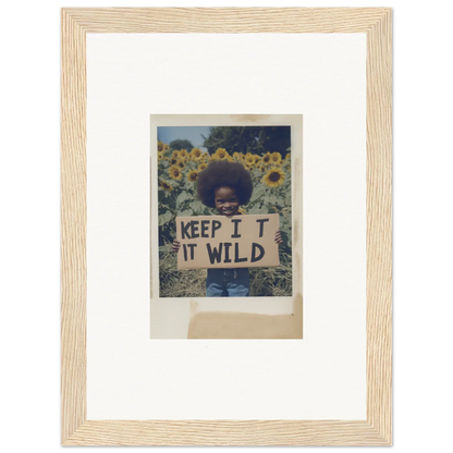 Person holding a KEEP IT WILD sign in a sunflower wilderness field for Sunflower Wilderness Whispers