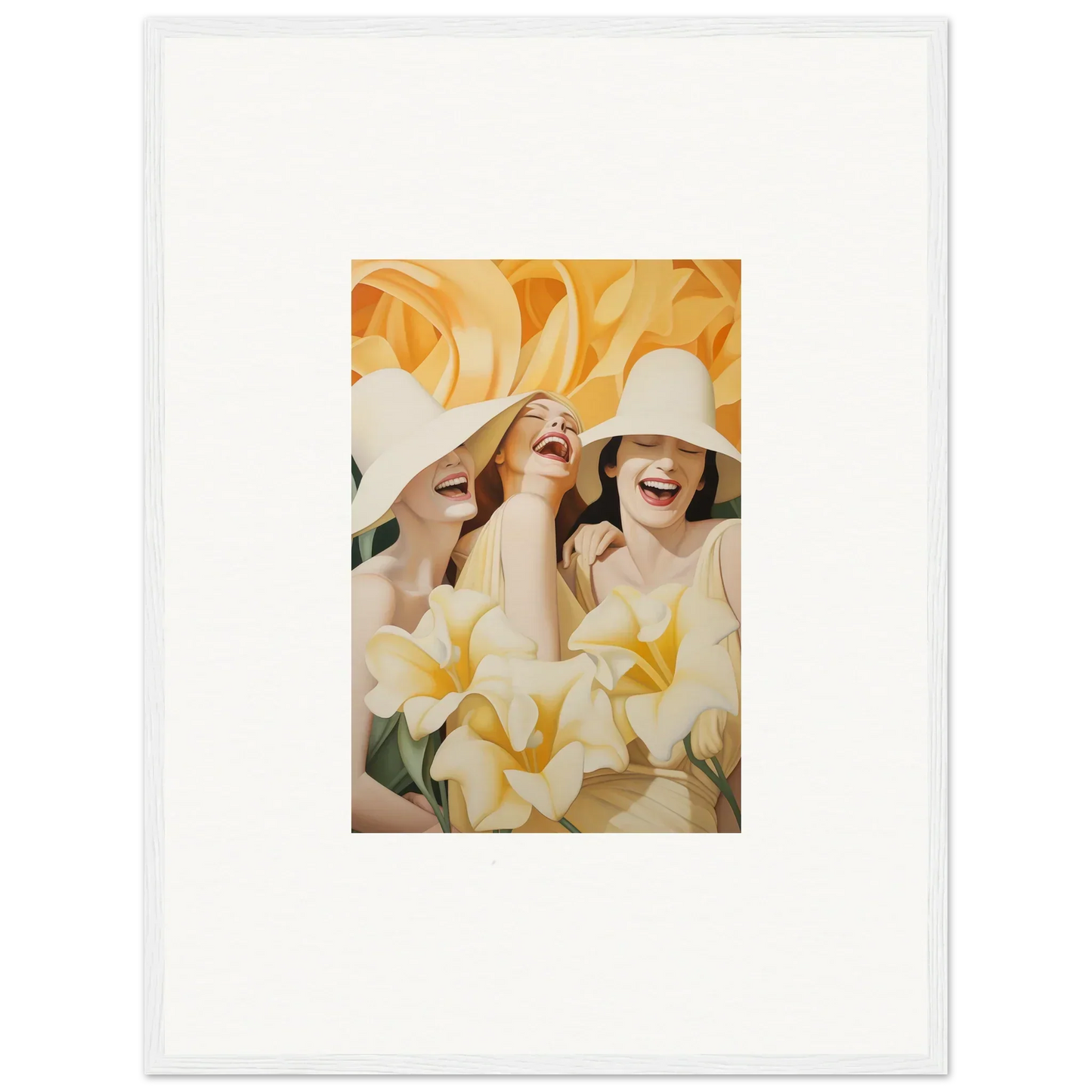 Framed canvas print of three women in white hats laughing, perfect room decoration