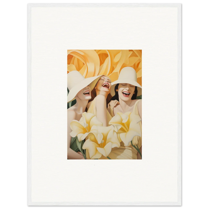 Framed canvas print of three women in white hats laughing, perfect room decoration