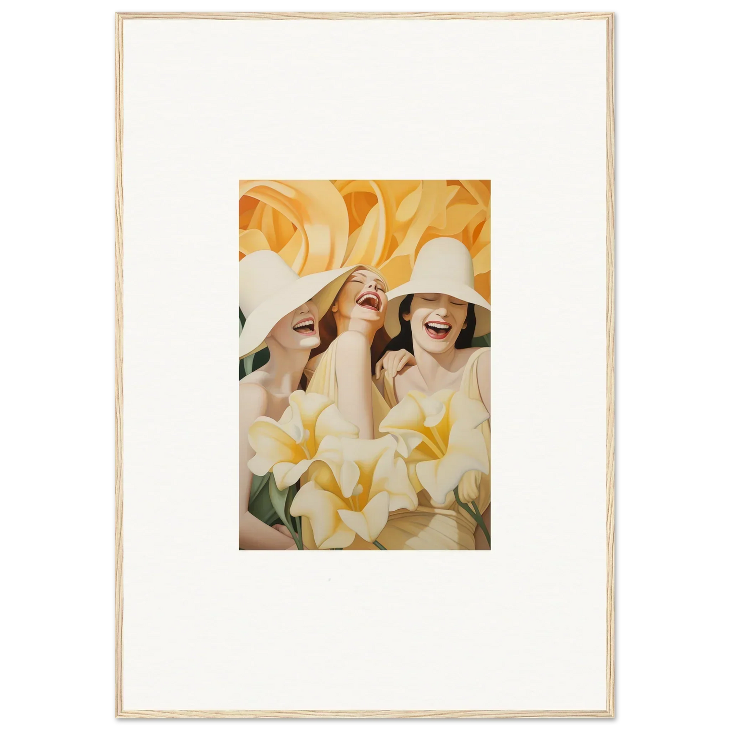 Framed canvas print of three women in white hats, perfect for your room decoration