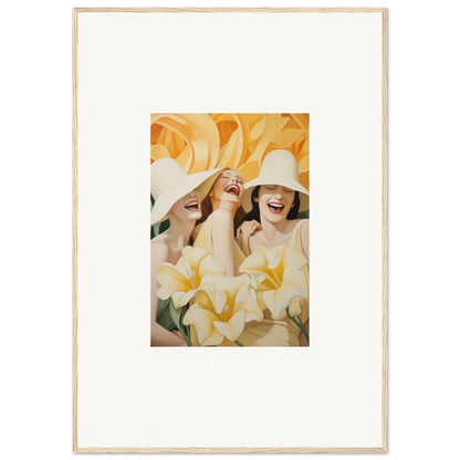 Framed canvas print of three women in white hats, perfect for your room decoration