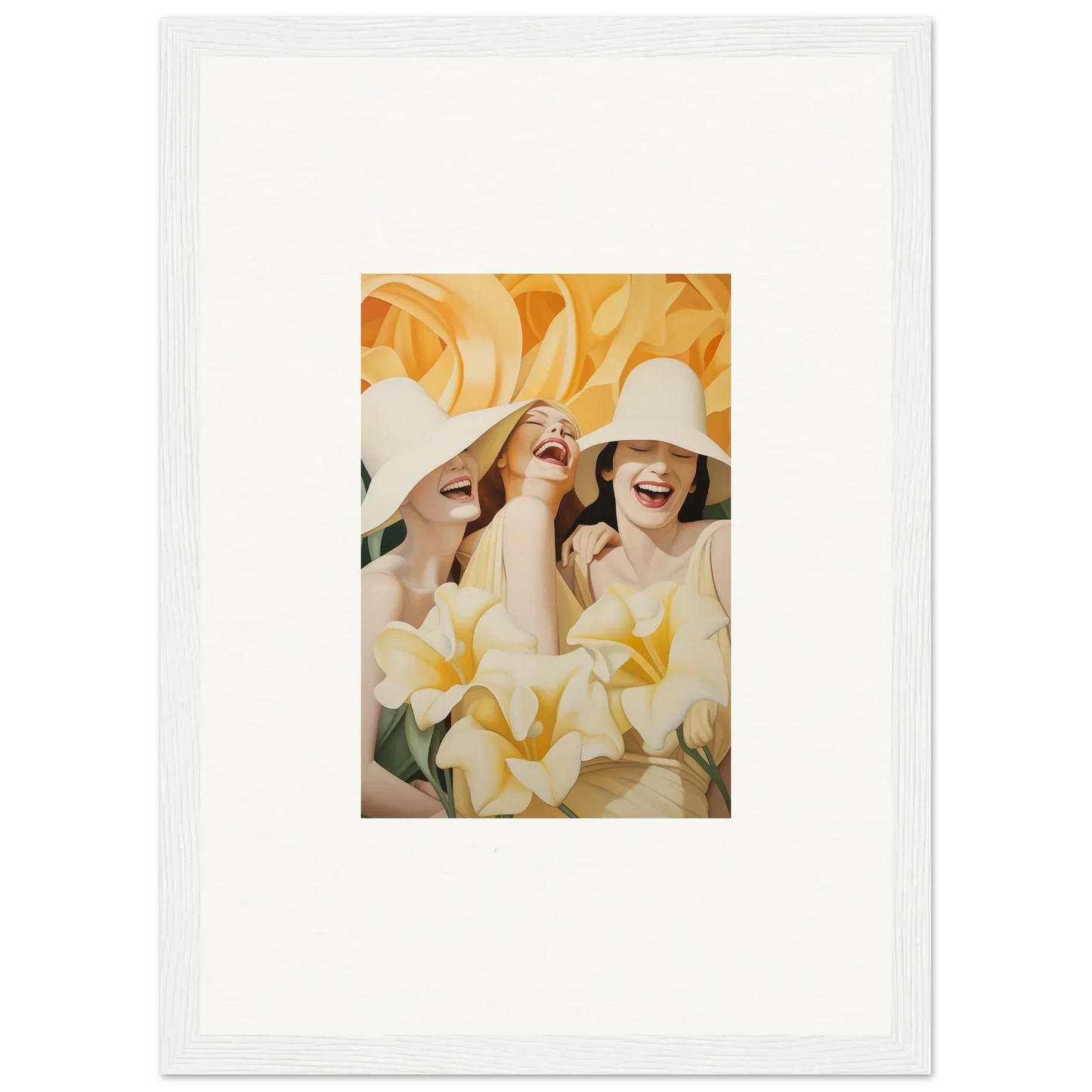 Framed canvas print of joyful women in white surrounded by yellow florals for room decoration