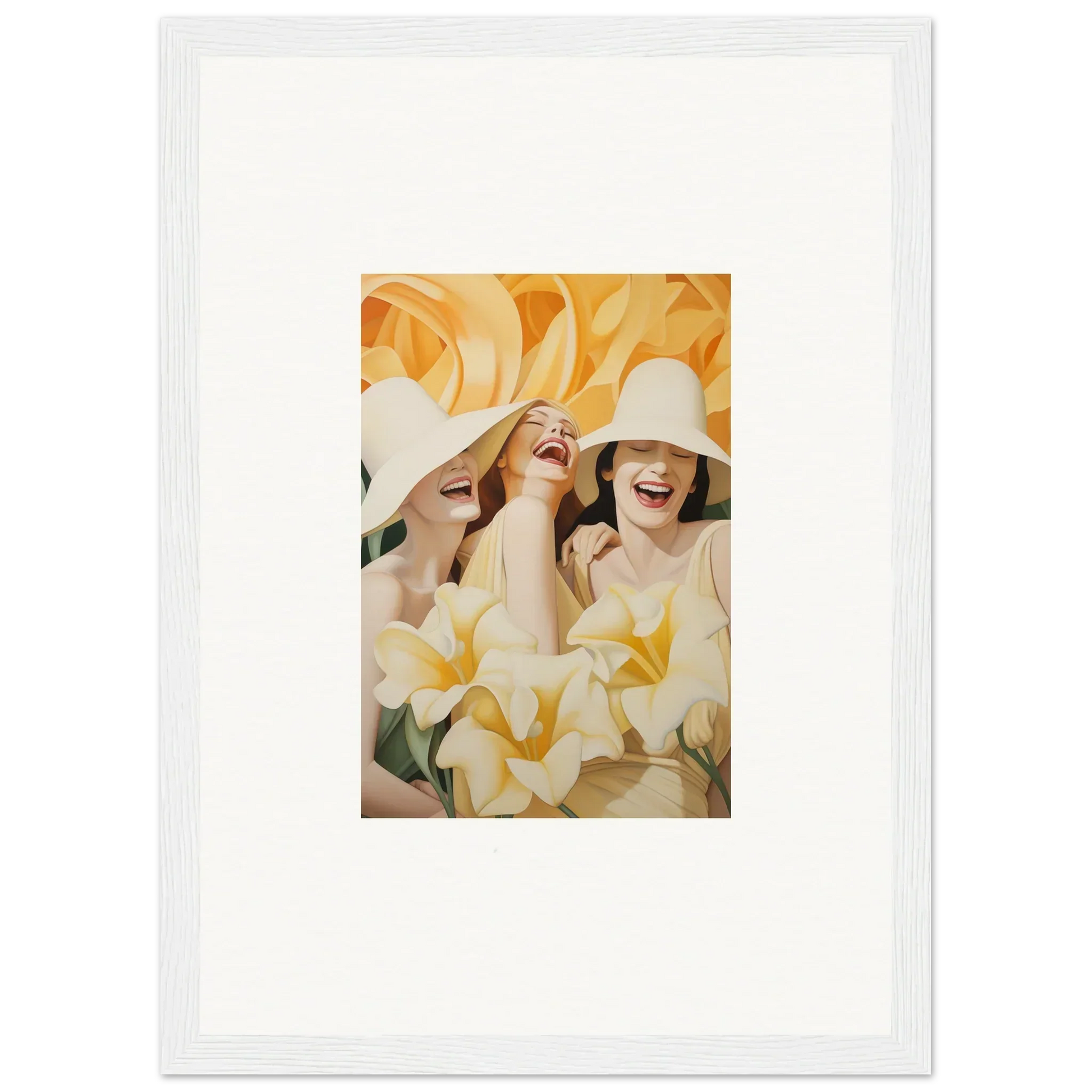 Framed canvas print of joyful women in white surrounded by yellow florals for room decoration