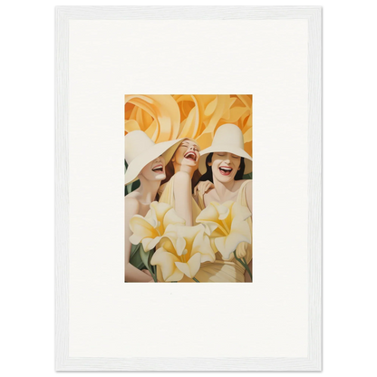 Framed canvas print of joyful women in white surrounded by yellow florals for room decoration