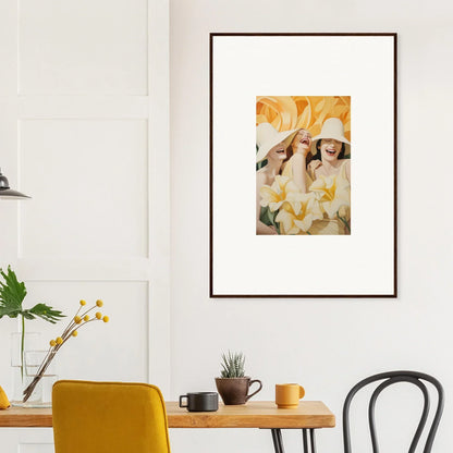 Framed canvas print of two figures in yellow hats for a fun room decoration