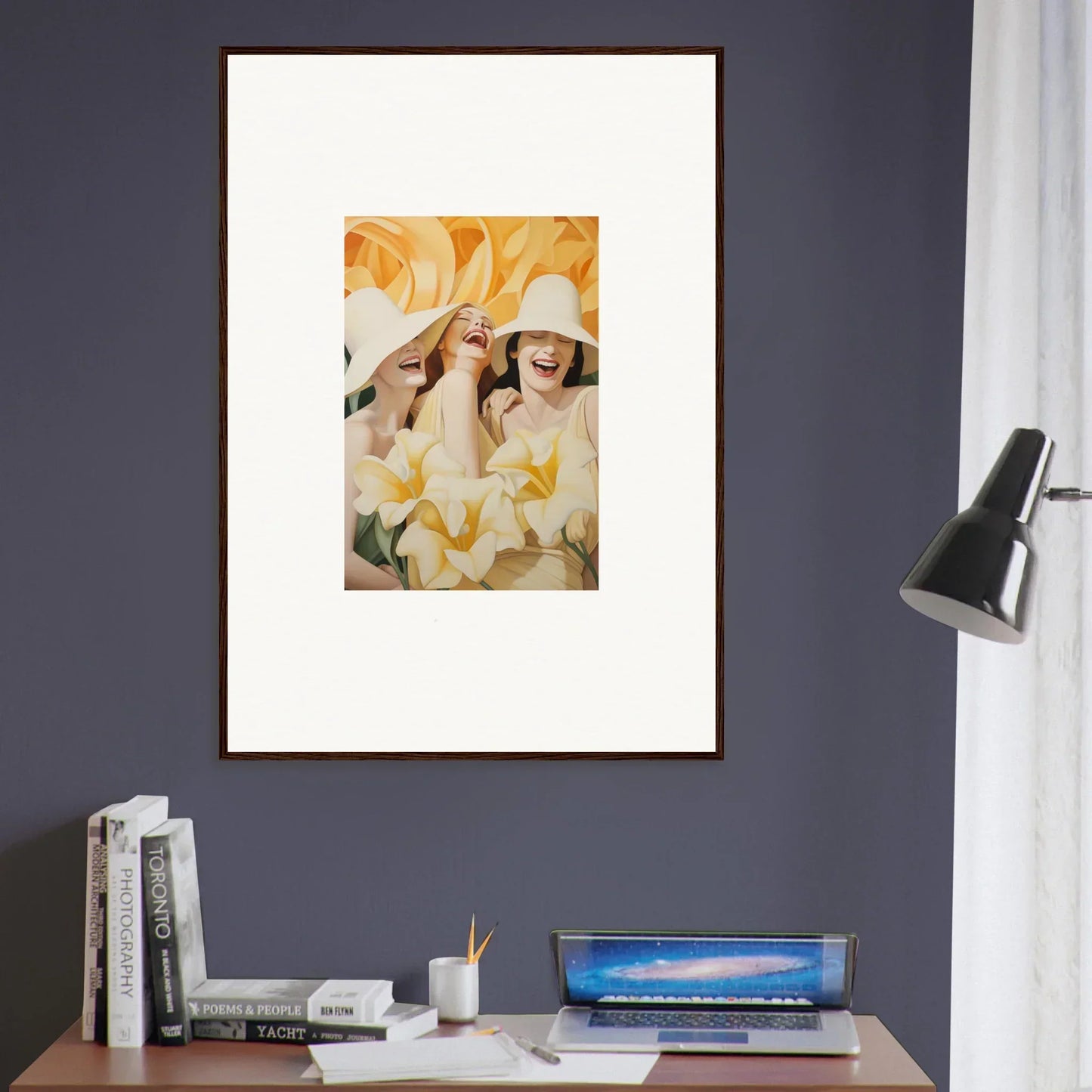 Framed canvas print of two women in white hats among yellow flowers for room decoration