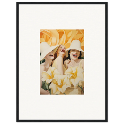 Framed canvas print of three women in white hats sharing a wink mystery for room decoration