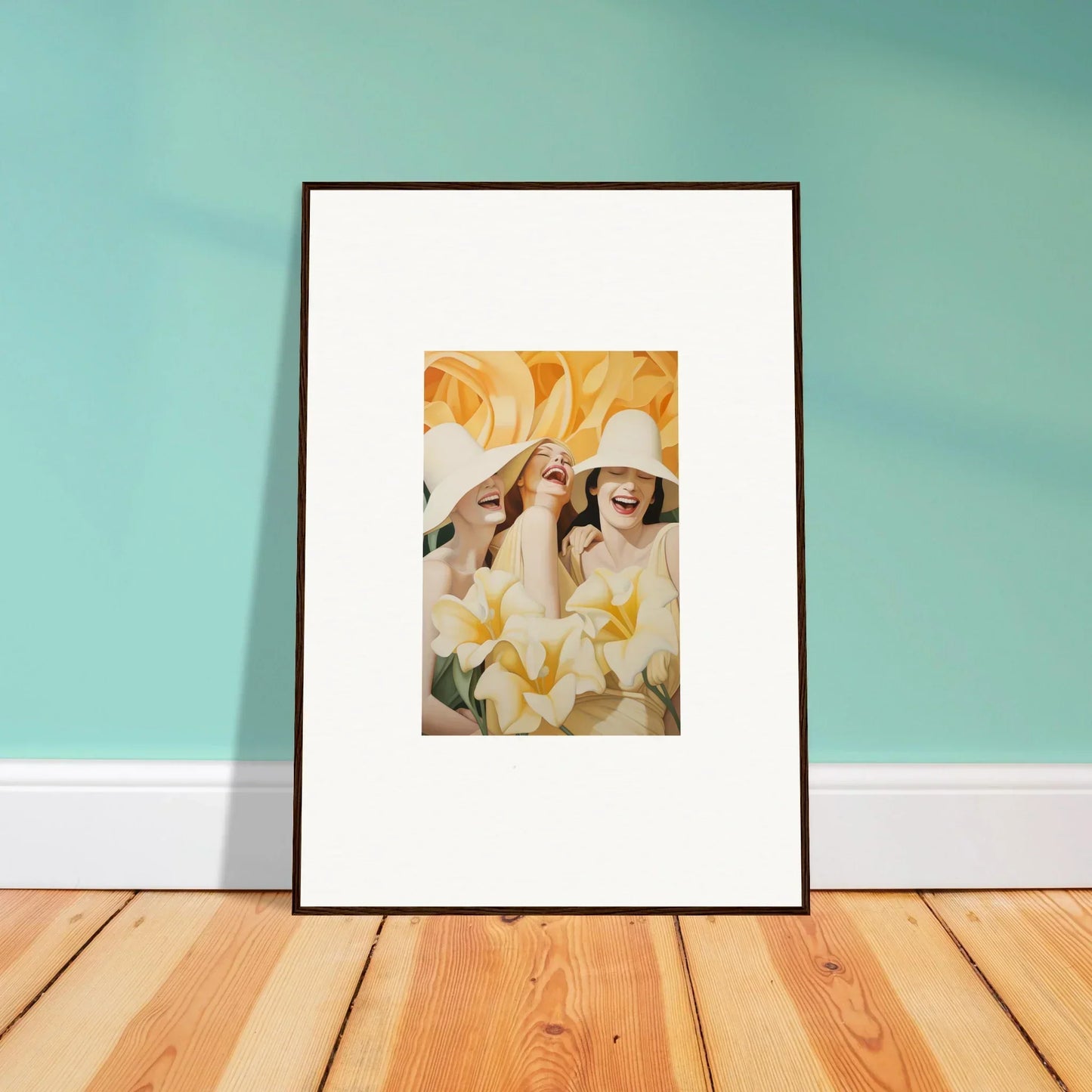 Framed canvas print of two people with covered eyes for fun room decoration, Wink Mystery