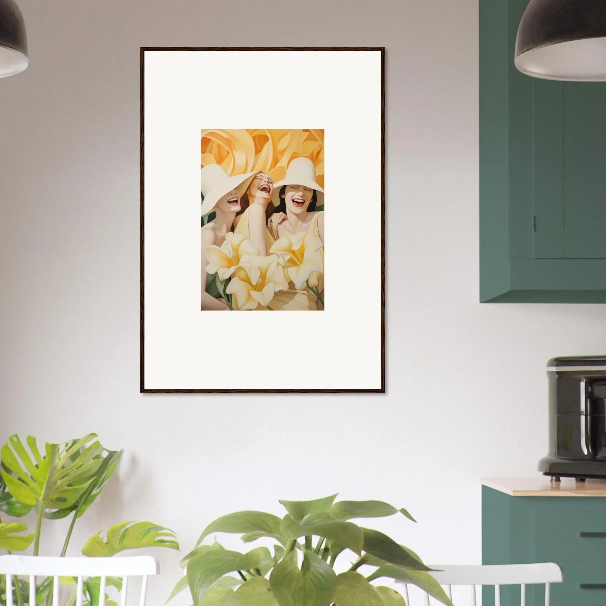 Framed canvas print of two figures in light clothing, perfect for room decoration