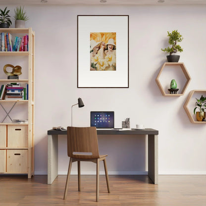 Home office workspace featuring Sunflower Wink Mystery canvas print and cozy decor