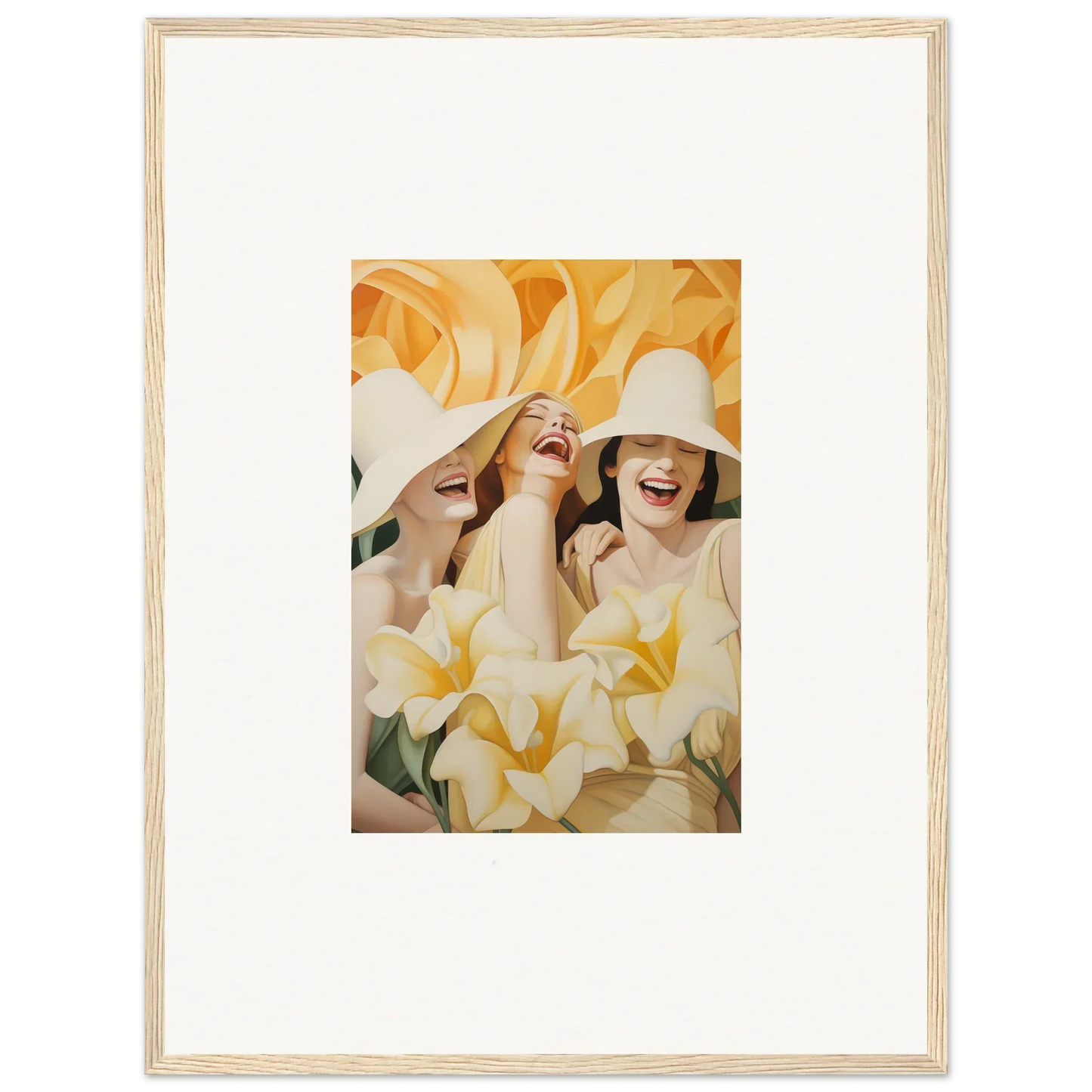 Framed canvas print of three women in white hats, perfect for room decoration