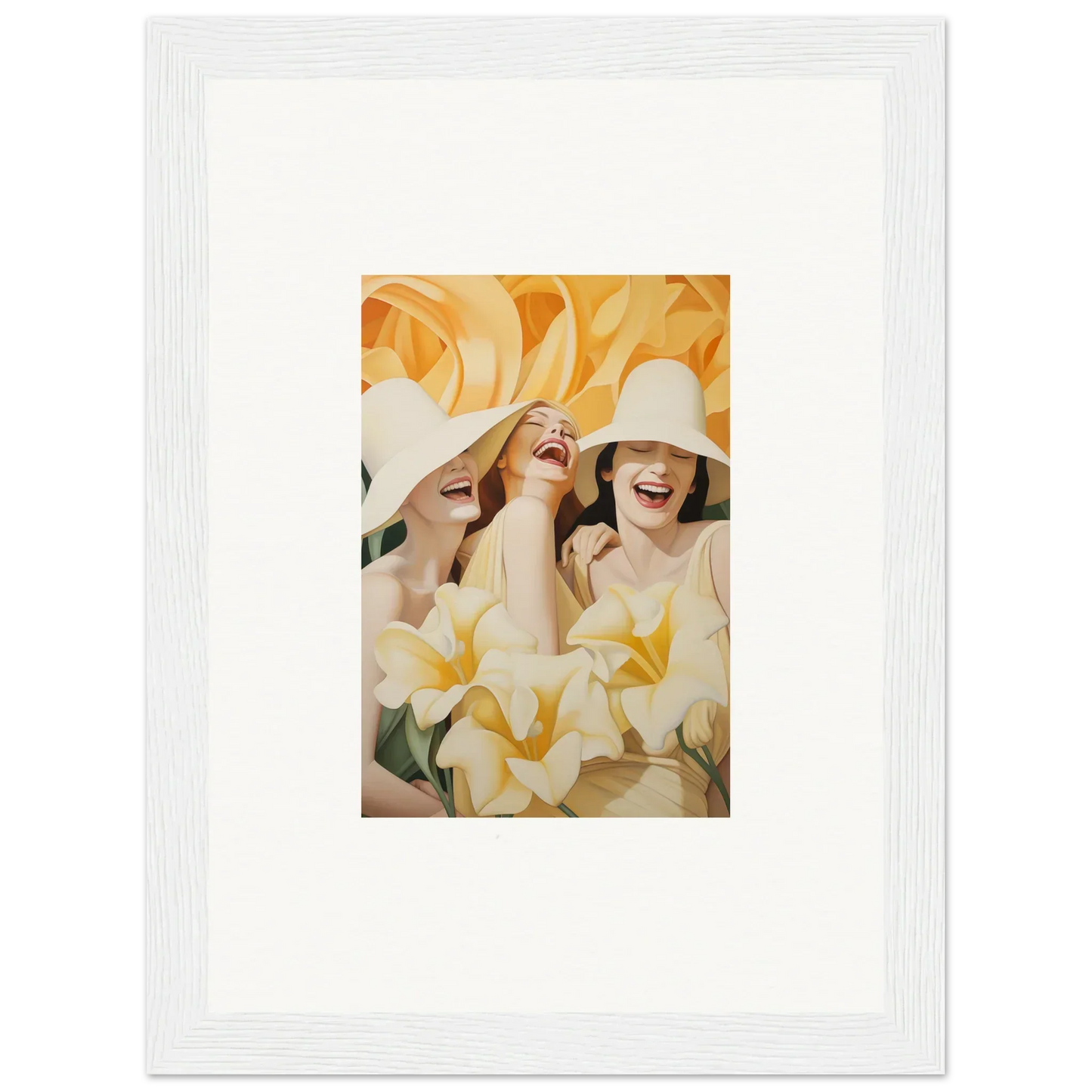 Framed canvas print of two women in white hats, perfect for room decoration with a wink mystery